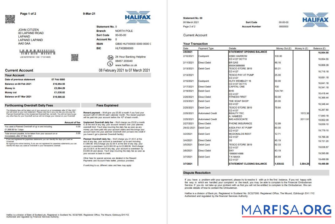 Realistic United Kingdom Halifax bank proof of address statement excelt (2 pages) example